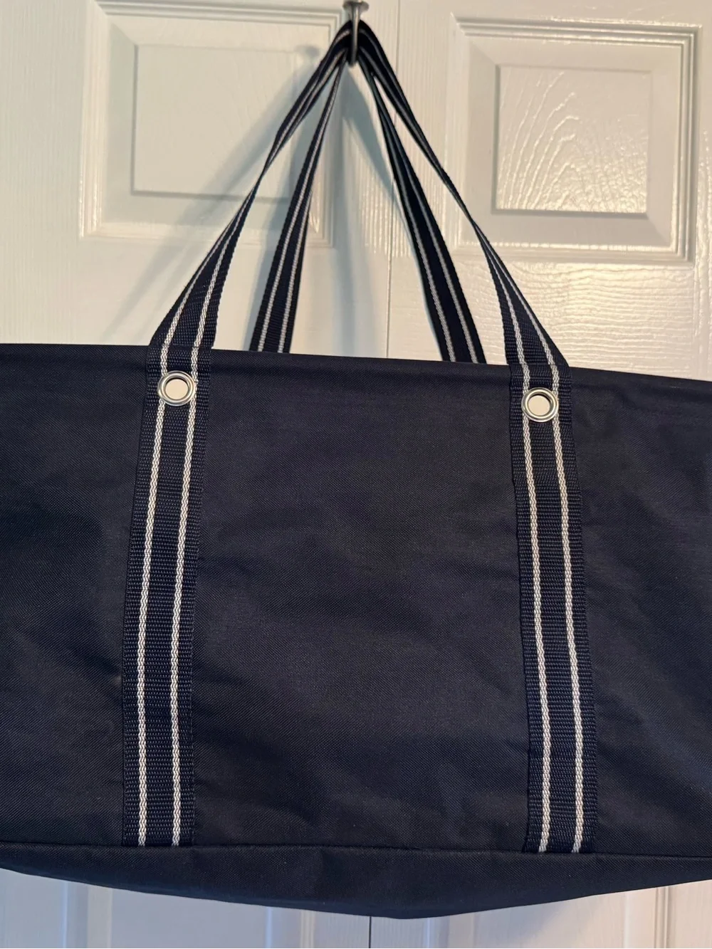 Thirty-one Navy Canvas Tote Bag with Striped Webbing Handles